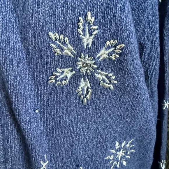 Vintage 90s Zip Up Fair Isle Nordic Snowflake Cotton & Ramie Cardigan - Picture 6 of 10